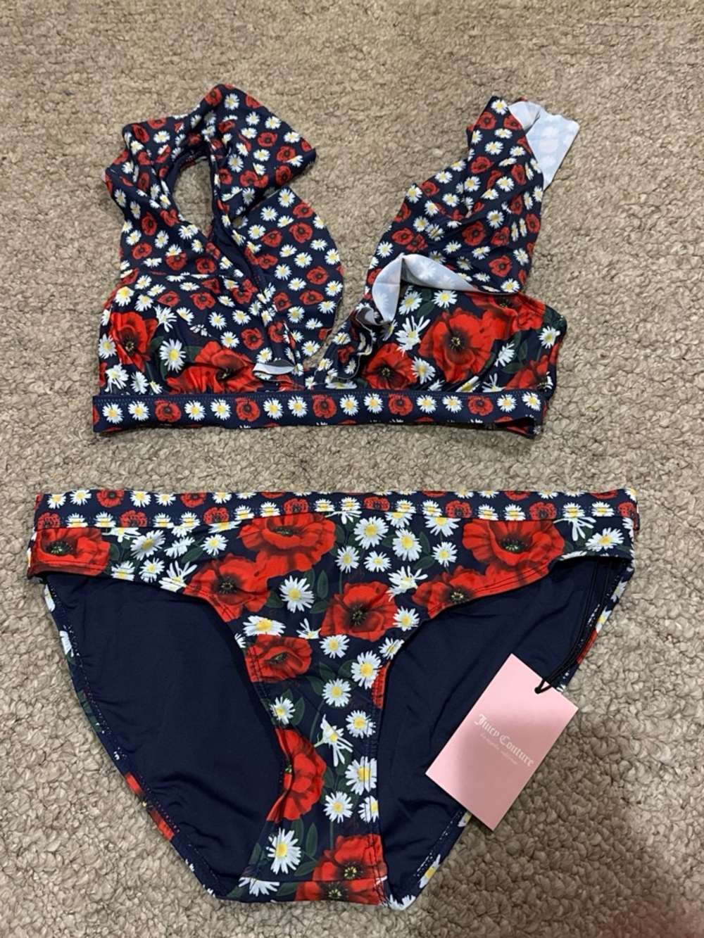 Juicy Couture Navy Floral Kids Bikini with Red Poppies & White Daisies